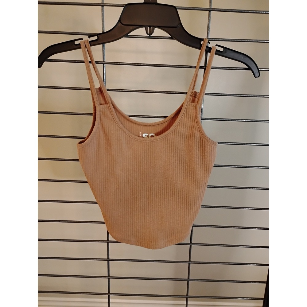 SO The Lounge Life‎ Cami Ribbed Crop Top Tan Double Strap Womens Medium